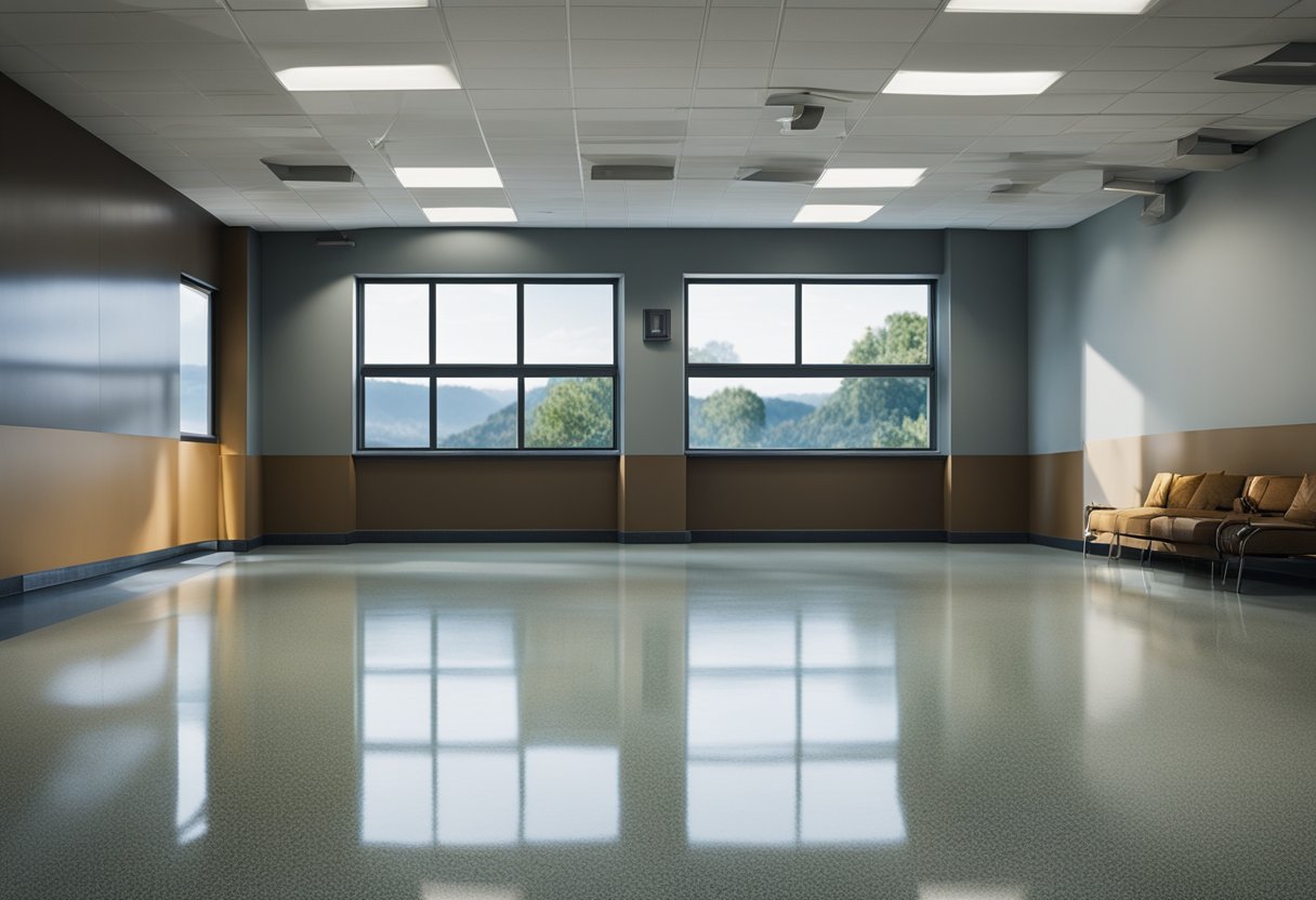 A spacious room with a sleek, glossy epoxy floor. A sign reading "Frequently Asked Questions Mt. Lebanon Epoxy Flooring" hangs on the wall