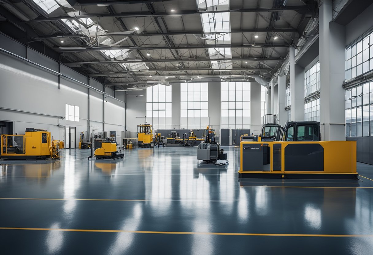 A large industrial space with epoxy flooring being installed, showcasing the seamless and glossy finish. Machinery and workers are present, emphasizing the cost and value considerations of the process