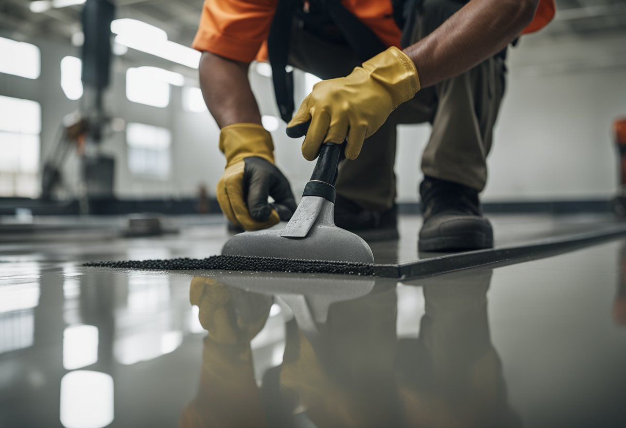 A worker applies epoxy coating to a smooth concrete floor, surrounded by maintenance tools and repair materials