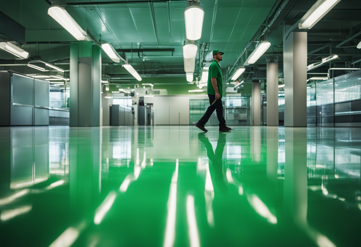 A customer walks across a smooth, glossy epoxy floor in a commercial space. The floor is a vibrant green color, reflecting the light and creating a clean, modern aesthetic