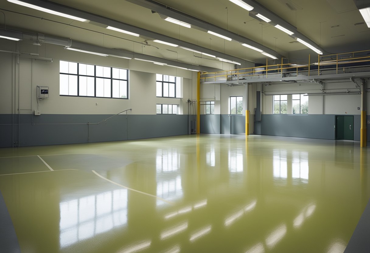 A bright and spacious room with a polished epoxy floor. A sign reads "Frequently Asked Questions Greenfield Epoxy Flooring" in bold lettering