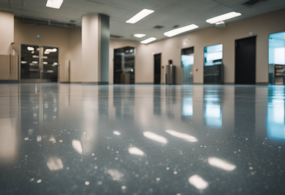 A smooth, glossy epoxy floor shines under bright overhead lighting in a spacious, clean commercial setting