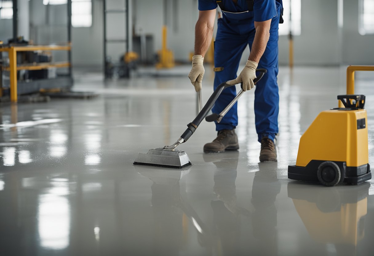 A worker prepares the floor, then applies epoxy coating with tools. A finished floor shines in a commercial space
