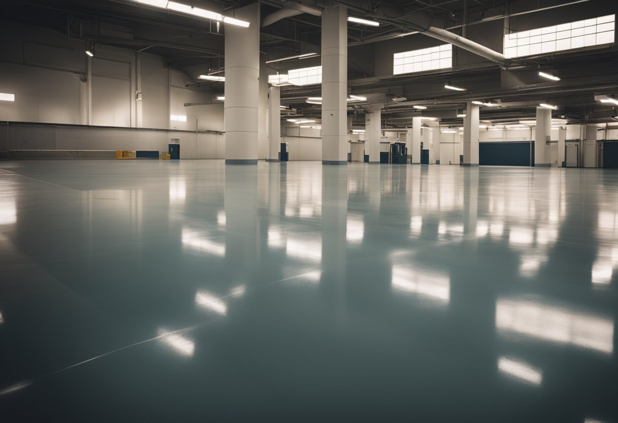A concrete floor coated in shiny epoxy, with a heavy-duty finish that resists wear and tear. No visible cracks or damage, easy to clean and maintain