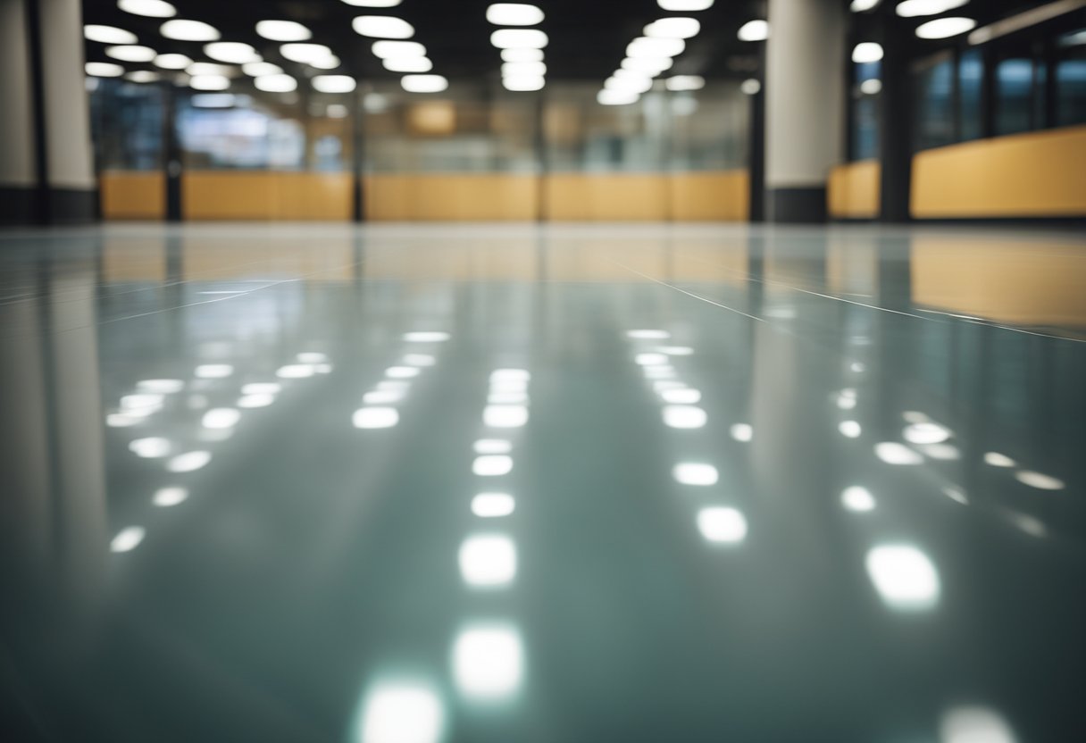 A smooth, glossy floor with a seamless finish, reflecting light in a commercial setting