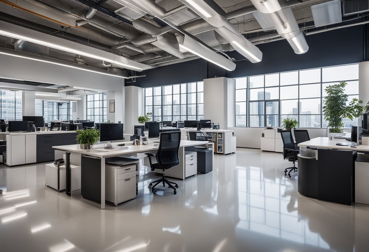 A spacious, modern office with sleek epoxy flooring. Various products and services are displayed on shelves and tables, with a professional and clean aesthetic