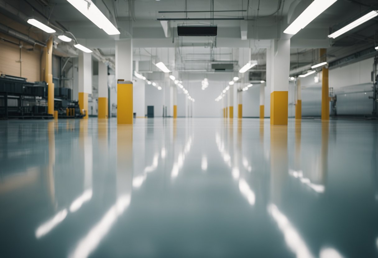 A freshly finished epoxy floor shines in a well-lit room, with a glossy, smooth surface and a sense of durability and quality