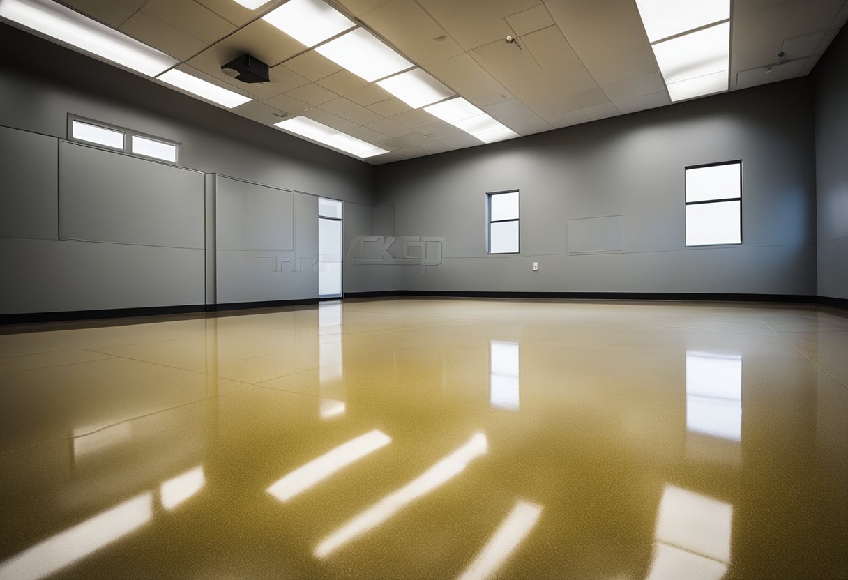 A spacious, well-lit room with a smooth, glossy epoxy floor in Lawrenceville. The floor is a deep, rich color, with a seamless, high-quality finish