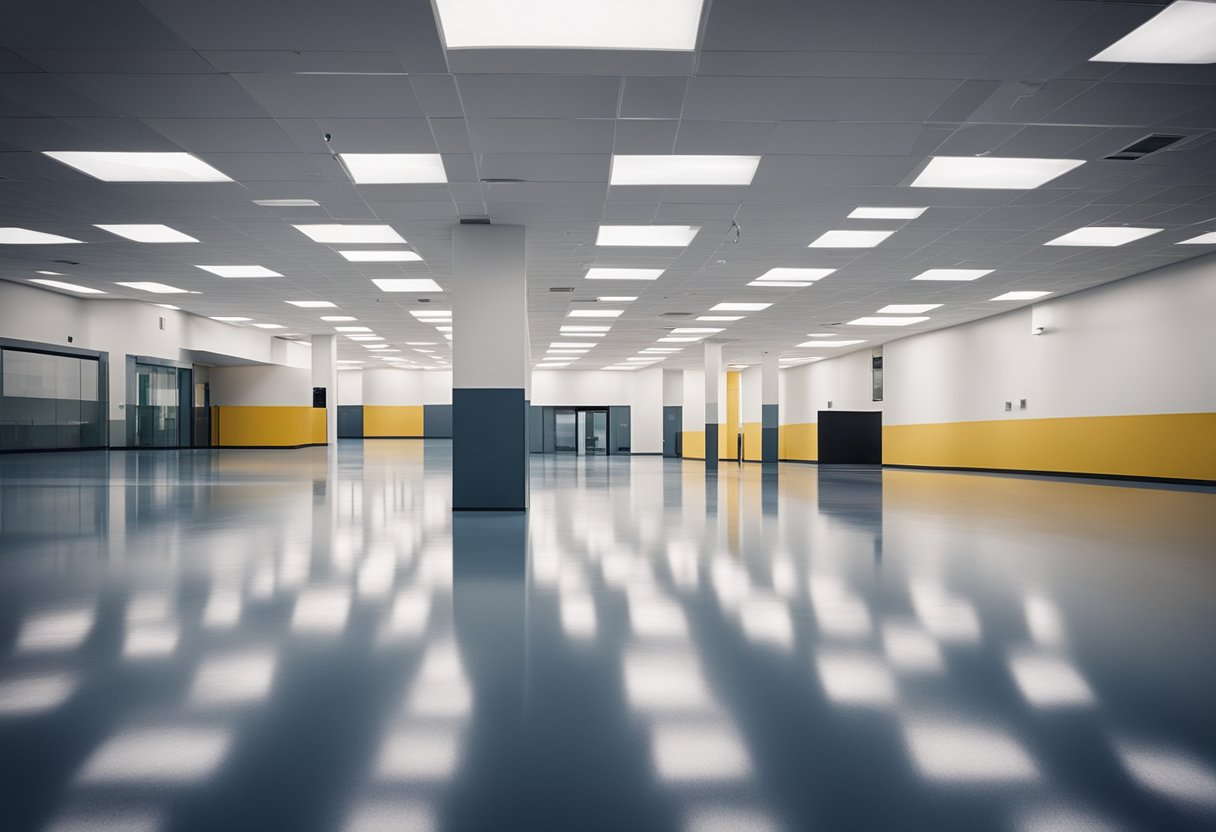 A spacious, modern room with a sleek epoxy floor. A sign reads "Frequently Asked Questions Lawrenceville Epoxy Flooring" in bold letters