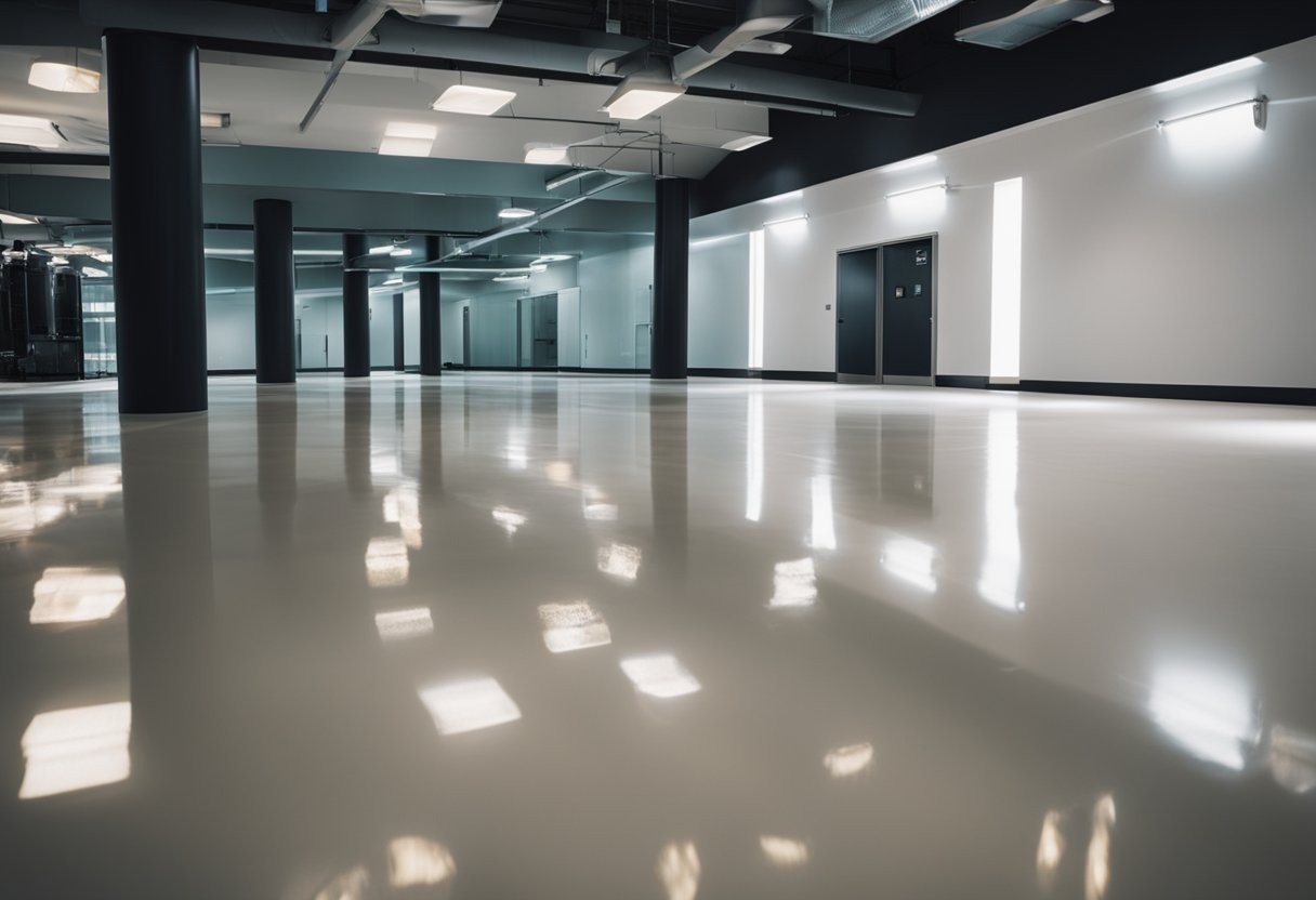 A smooth, glossy epoxy floor shines under bright overhead lights, reflecting the surrounding space with a clean, modern finish