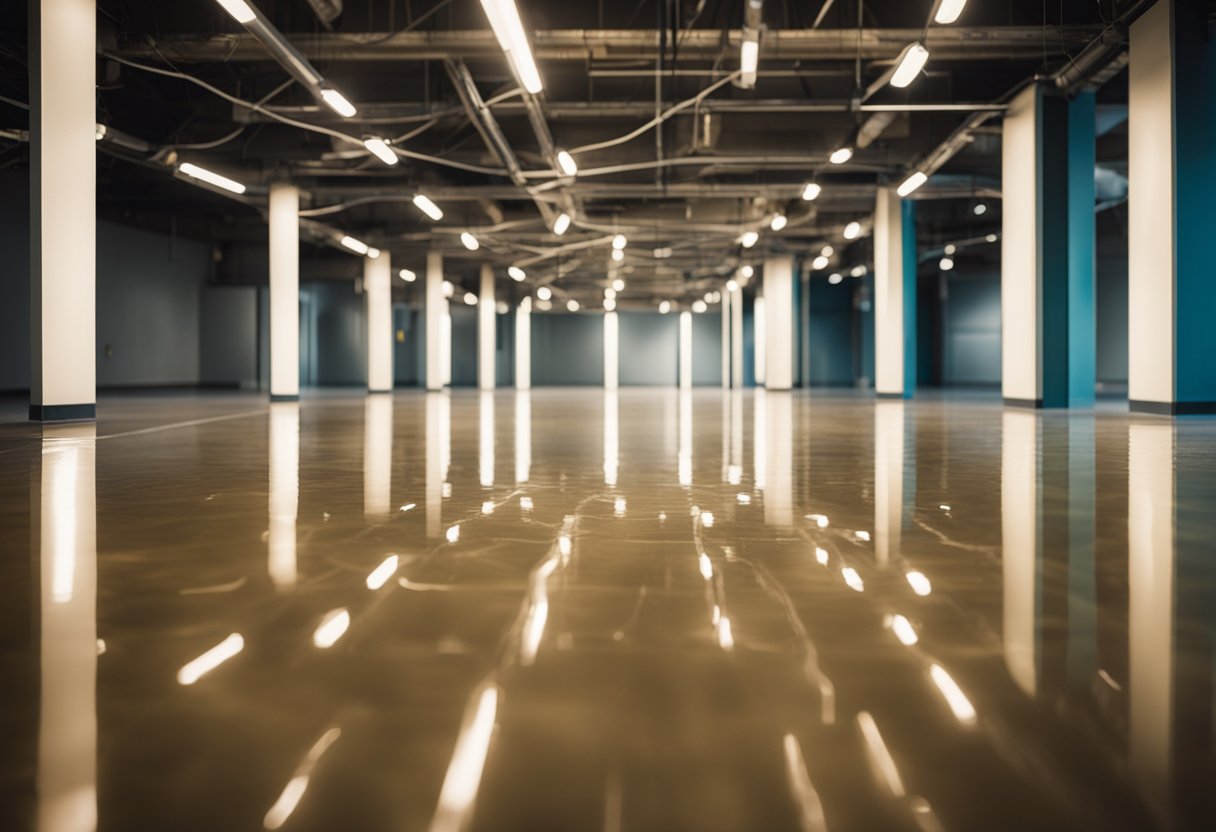 A smooth, glossy epoxy floor shines under bright lights, reflecting the surrounding environment with a flawless finish