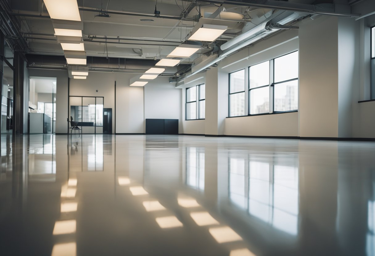 A spacious, well-lit room with a smooth, glossy floor coated in epoxy. The floor has a high-quality finish, with a reflective surface that enhances the overall appearance of the space