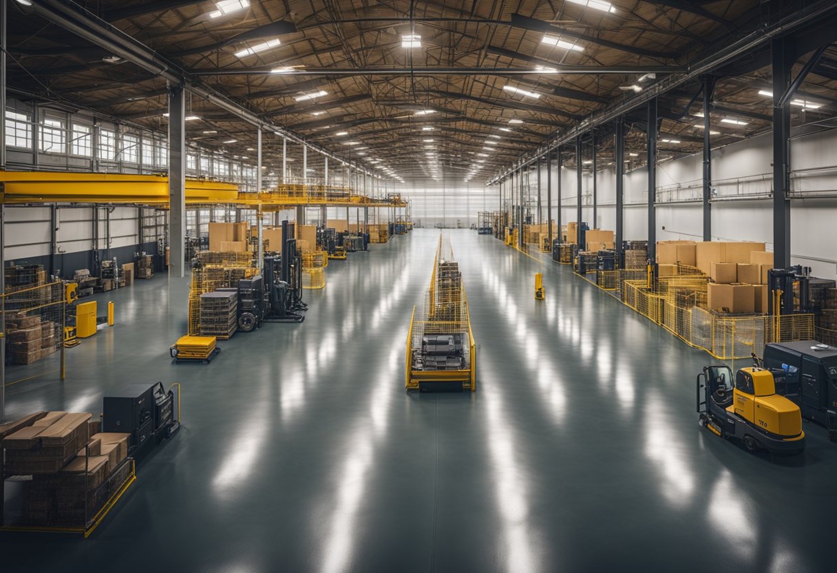 A spacious industrial warehouse with shiny, seamless epoxy flooring in Oakland. Machinery and equipment are neatly arranged, and workers move efficiently