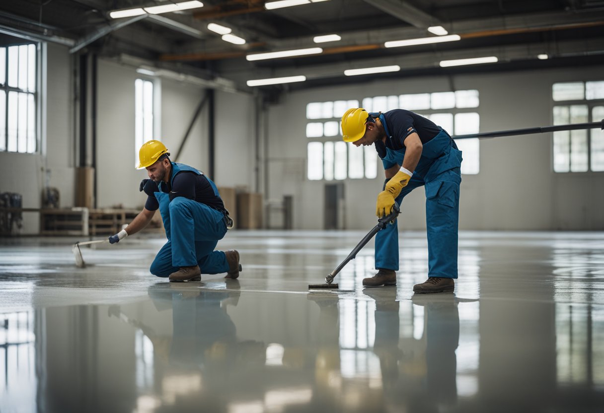 A worker applies epoxy coating to a concrete floor, using a roller to ensure even coverage. Nearby, another worker prepares the next batch of epoxy, while a third inspects the finished floor for any imperfections
