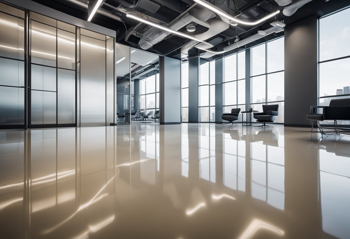A spacious room with sleek, glossy epoxy flooring in various design options such as metallic, flake, or solid colors. Light reflects off the smooth surface, creating a modern and stylish atmosphere
