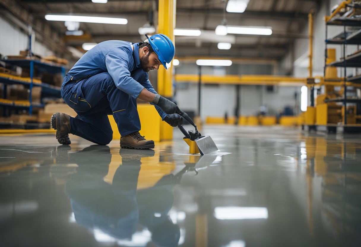 A worker applies epoxy to a concrete floor, surrounded by various tools and materials. A price list for Oakland Epoxy Flooring is visible in the background