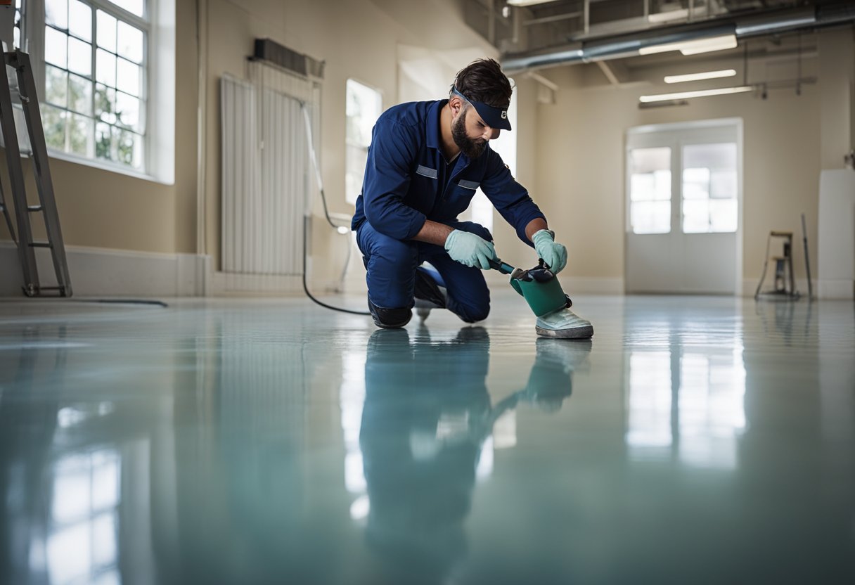 A professional epoxy installer carefully applies a smooth, glossy coating to a pristine floor in Oakland. The installer's tools and materials are neatly organized nearby