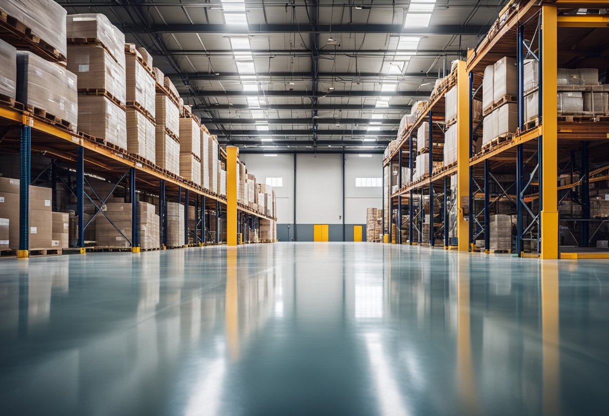 A spacious warehouse with glossy, seamless epoxy flooring in the Bay Area. The flooring reflects the overhead lights, creating a sleek and modern look