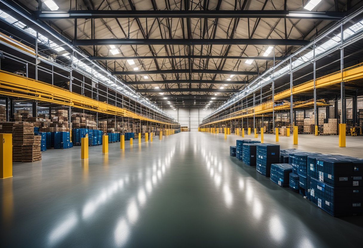 A spacious industrial warehouse with bright overhead lighting, marked with safety signage and regulatory labels, showcasing a smooth and durable epoxy flooring in Oakland