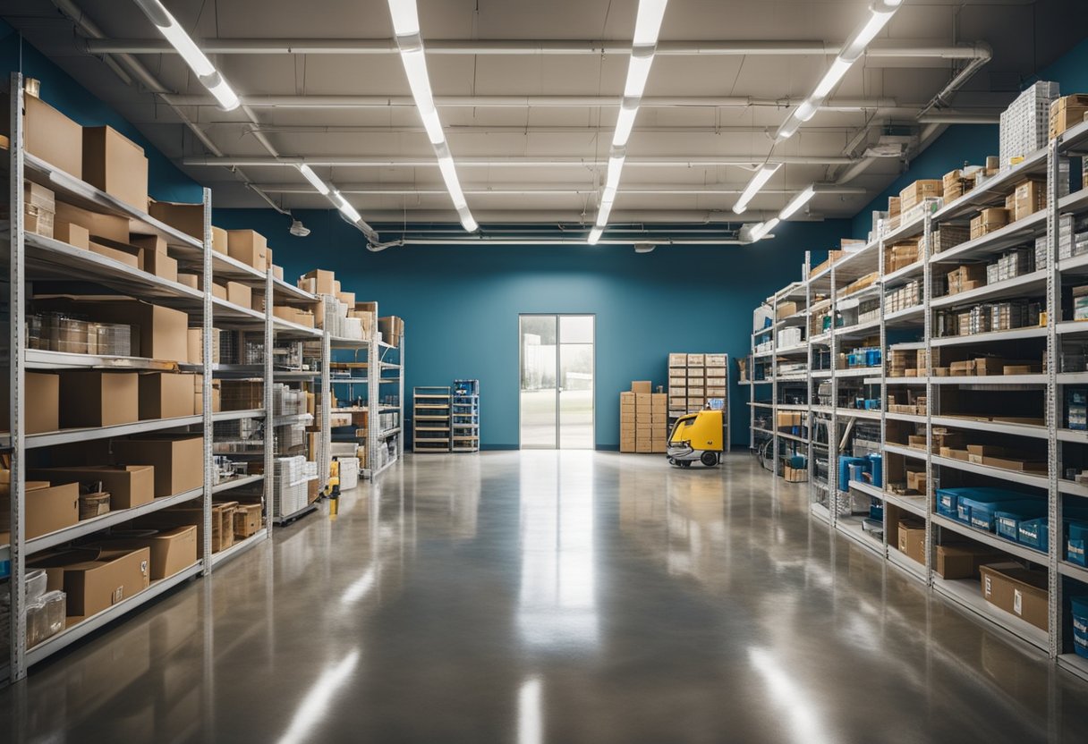 A spacious, well-lit room with a glossy, seamless epoxy floor. Various tools and materials neatly organized on shelves. A sign with "Frequently Asked Questions Oakland Epoxy Flooring" displayed prominently