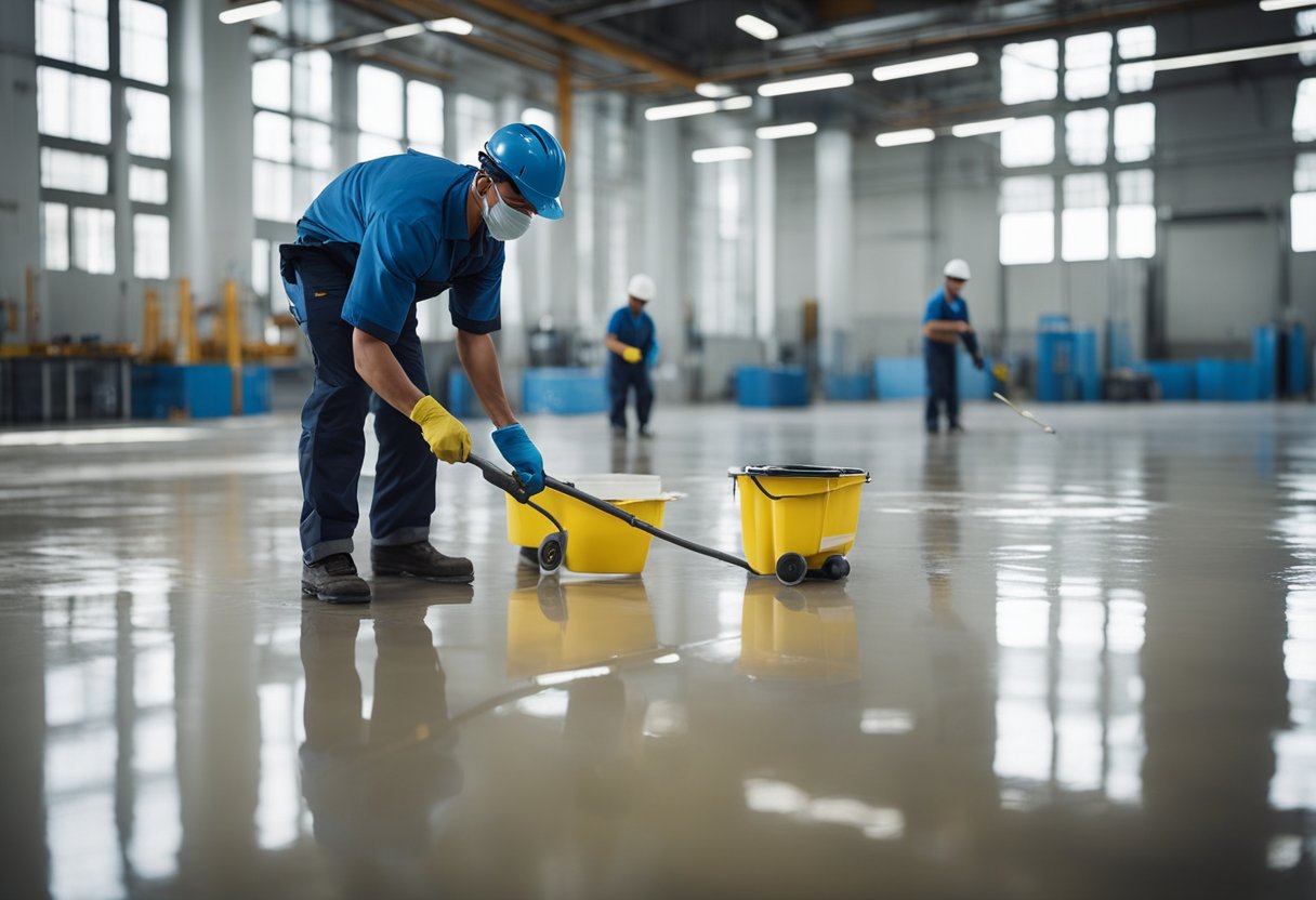 Workers apply epoxy coating to clean, smooth floor. Tools and materials are organized for efficient installation process