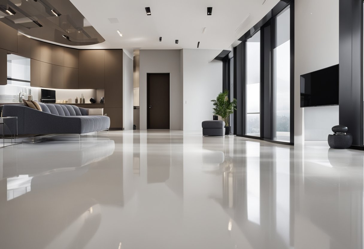 A spacious room with epoxy flooring in a modern home, featuring a sleek and glossy finish. The flooring extends throughout the space, creating a seamless and polished look