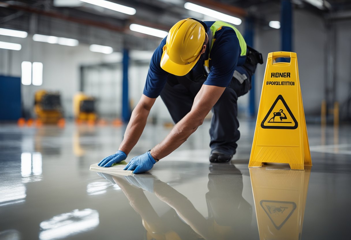 A worker applies epoxy to a clean, smooth north side floor, carefully preparing and installing the flooring for a seamless finish