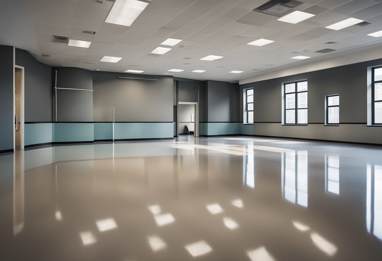 A spacious room with glossy, seamless epoxy flooring in various colors and textures, showcasing the durability and versatility of North Side Epoxy Flooring options