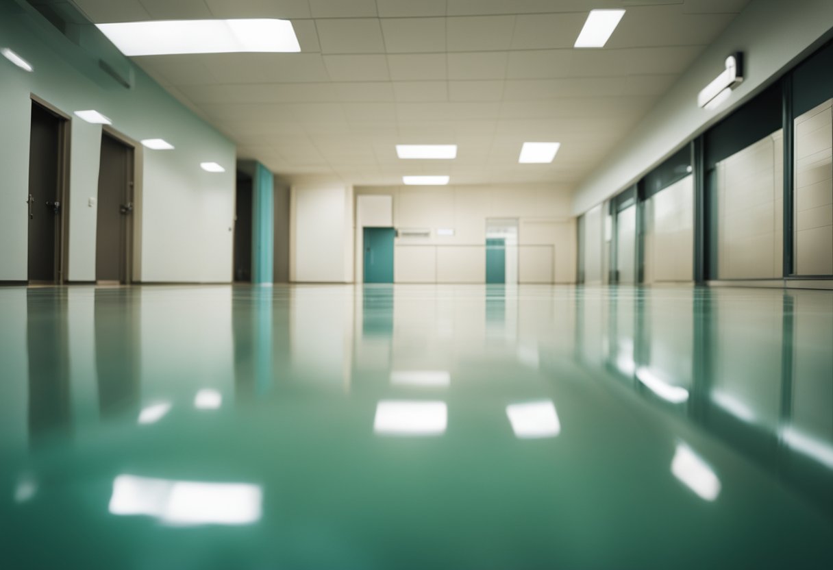 A smooth, glossy epoxy floor covers the north side of a room, reflecting light and providing a durable, attractive finish