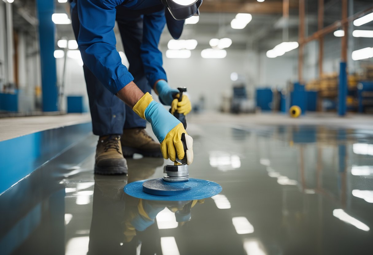 A worker applies epoxy coating to the north side floor, surrounded by maintenance tools and repair materials