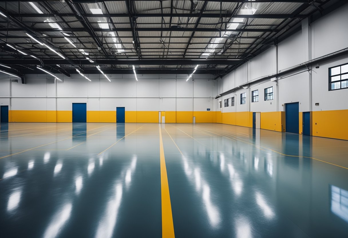A spacious industrial warehouse with a smooth, glossy epoxy floor. Machinery and equipment are neatly arranged, with bright overhead lighting illuminating the space