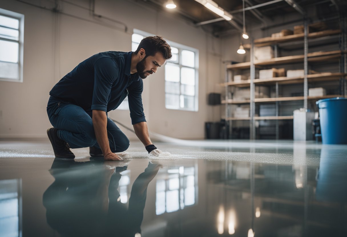 A DIY enthusiast struggles with epoxy flooring while a professional effortlessly creates a flawless finish
