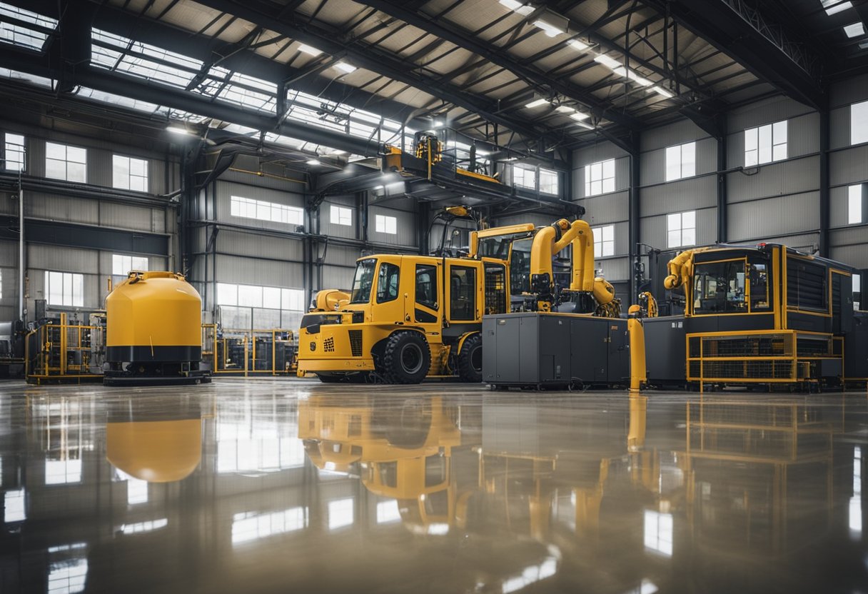 A busy industrial setting with heavy machinery and workers, showcasing the durability and performance of epoxy flooring