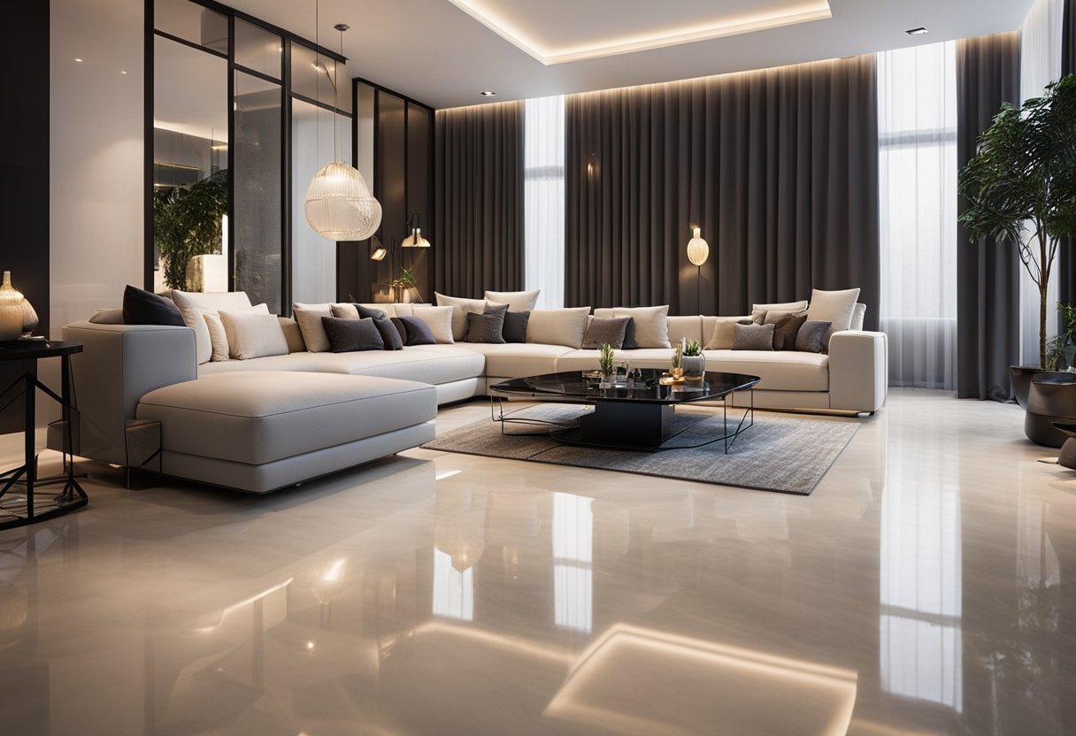 A modern living room with glossy, seamless epoxy flooring in Monroeville. The floor reflects the warm glow of the room's lighting, creating a sleek and contemporary atmosphere