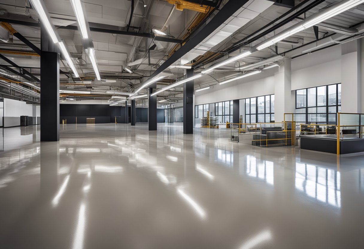 A modern industrial space with sleek epoxy flooring in neutral tones. Clean lines and minimalistic design elements create a contemporary aesthetic