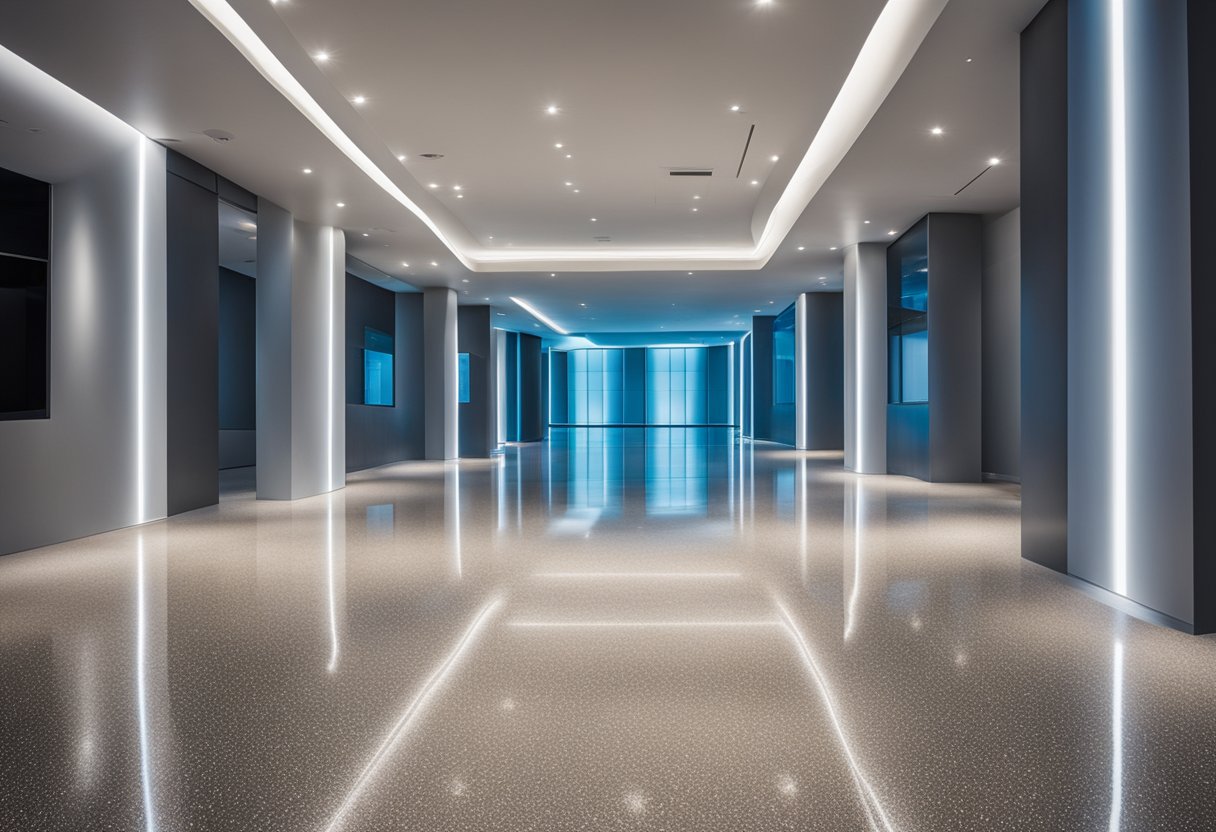 A smooth, glossy epoxy floor shines under bright lighting, reflecting the surrounding space with a sleek, modern finish