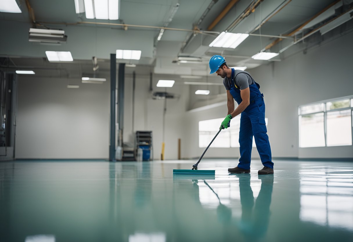 A professional applying epoxy flooring in a clean and organized space with tools and materials neatly arranged
