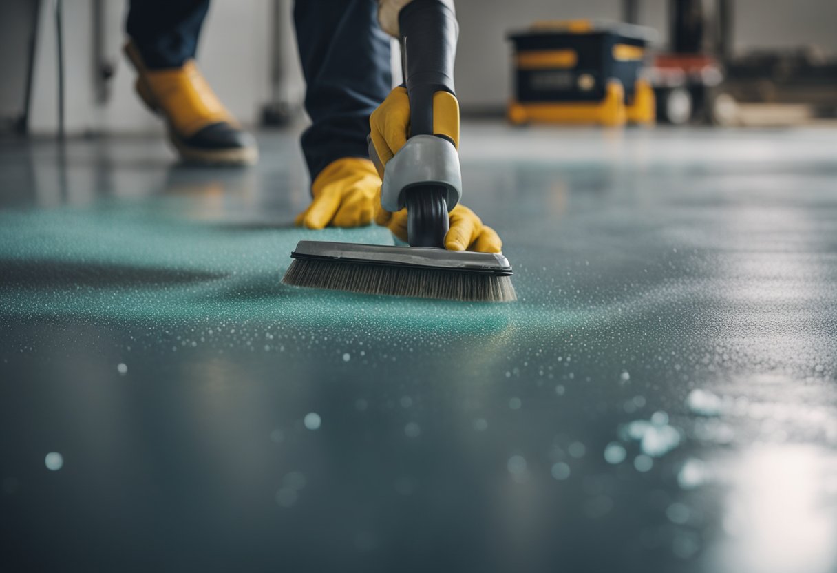 A garage floor being coated with epoxy, with tools and materials scattered around. A professional worker is applying the epoxy, creating a smooth and shiny surface