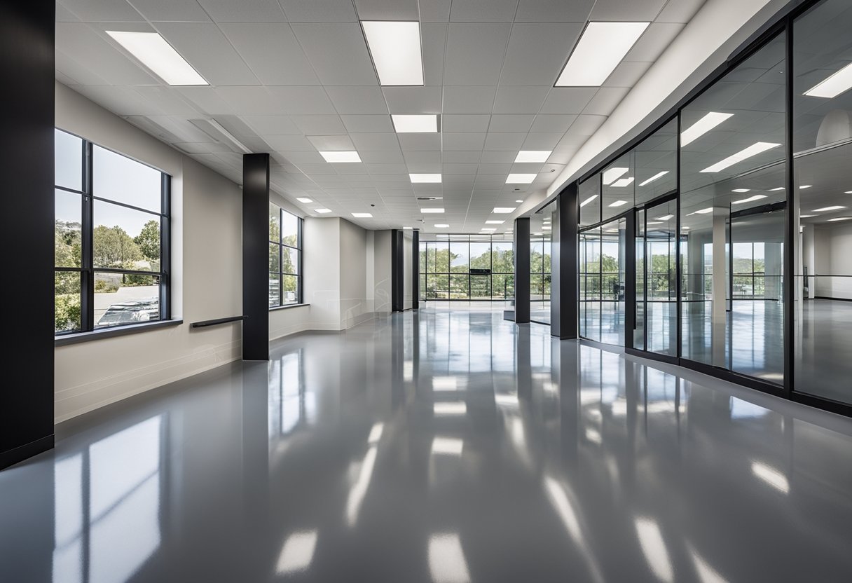 A spacious, modern commercial space with sleek, glossy epoxy flooring in Monroeville. Clean lines and a professional atmosphere