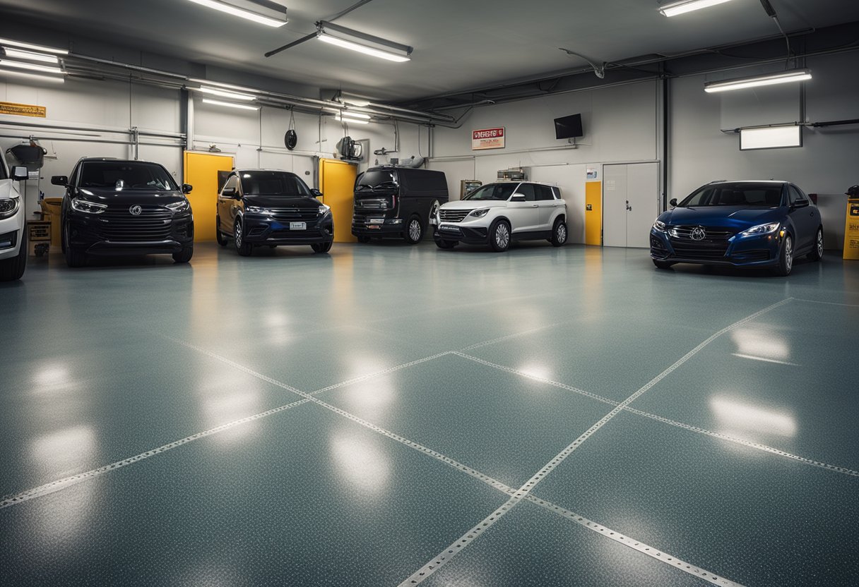 A clean, well-lit garage with epoxy flooring. Safety signs posted on the walls. South Side Epoxy Flooring logo visible