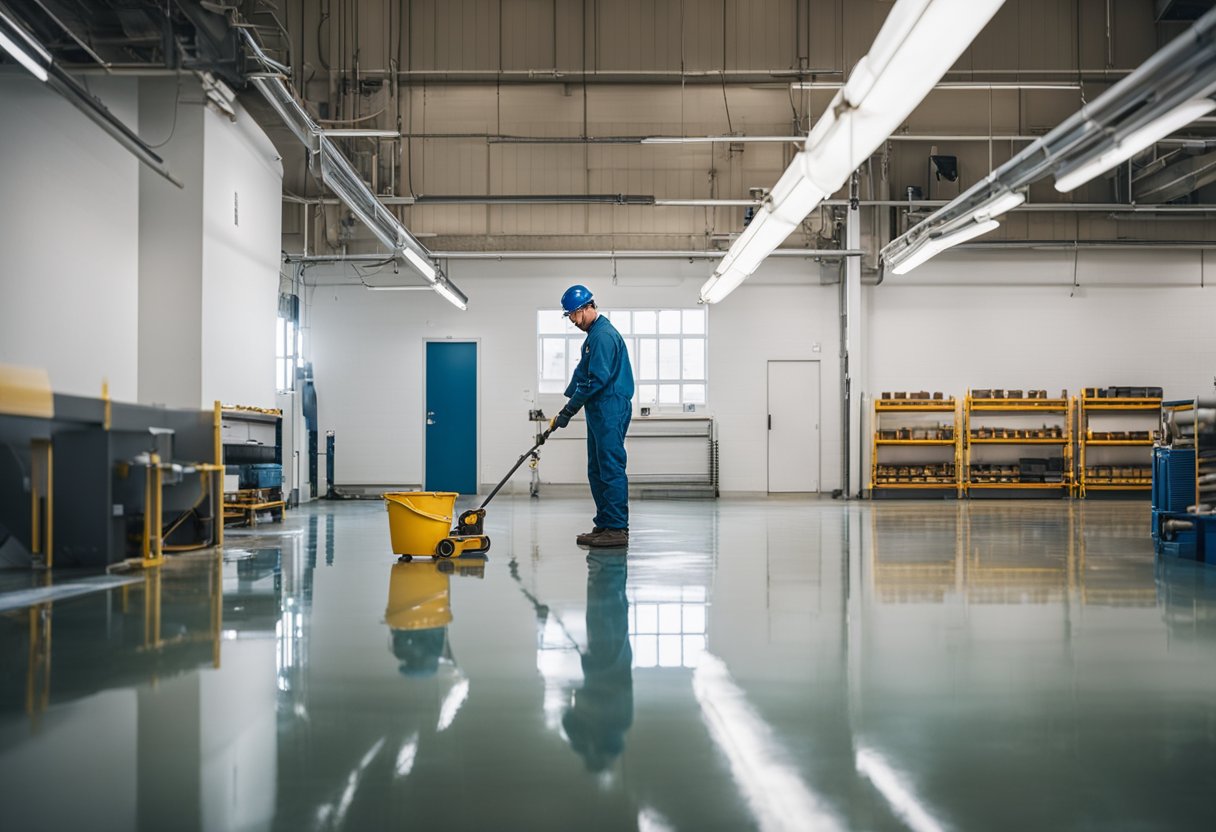 A worker applies epoxy flooring in a South Side location, surrounded by equipment and materials. The space is well-lit and organized, with clear signage for FAQ