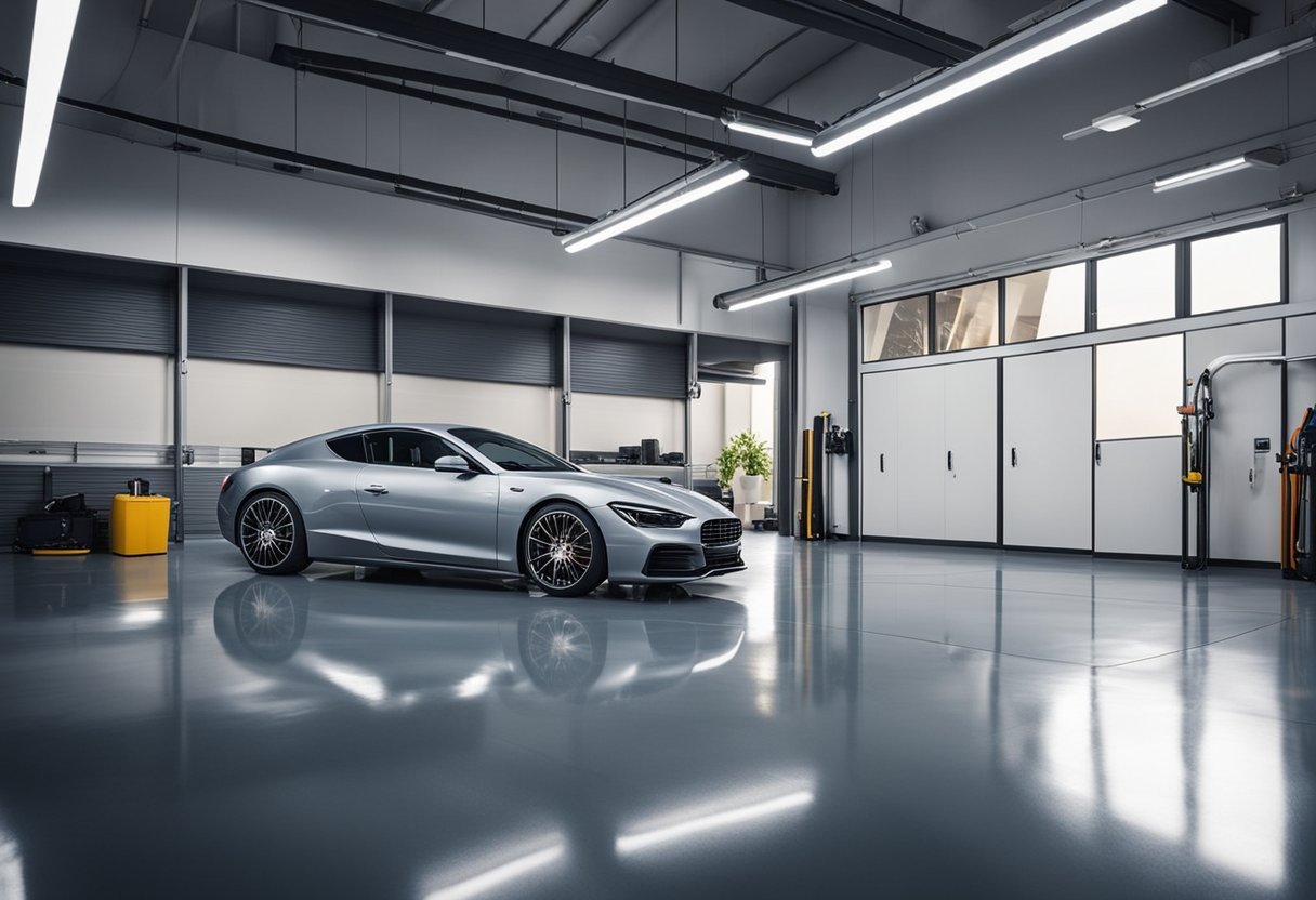 A spacious, modern garage with glossy, seamless epoxy flooring. Bright lighting highlights the smooth, durable surface, showcasing its resistance to stains and easy maintenance