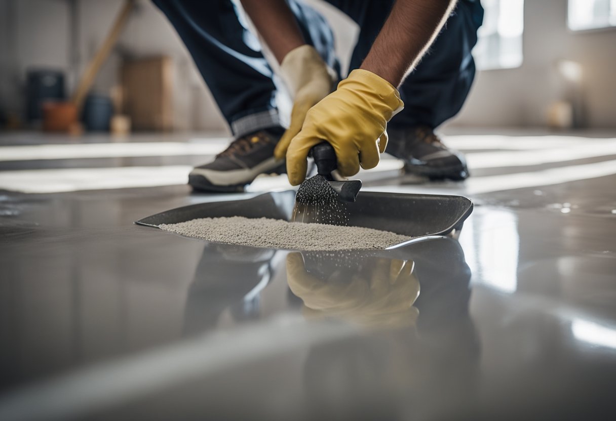 A person mixing and spreading epoxy resin onto a concrete floor with a trowel, creating a smooth and glossy finish