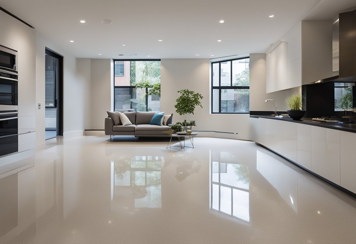 A modern residential space with sleek epoxy flooring in Brookline, MA. Clean lines and a glossy finish give the room a polished and contemporary look