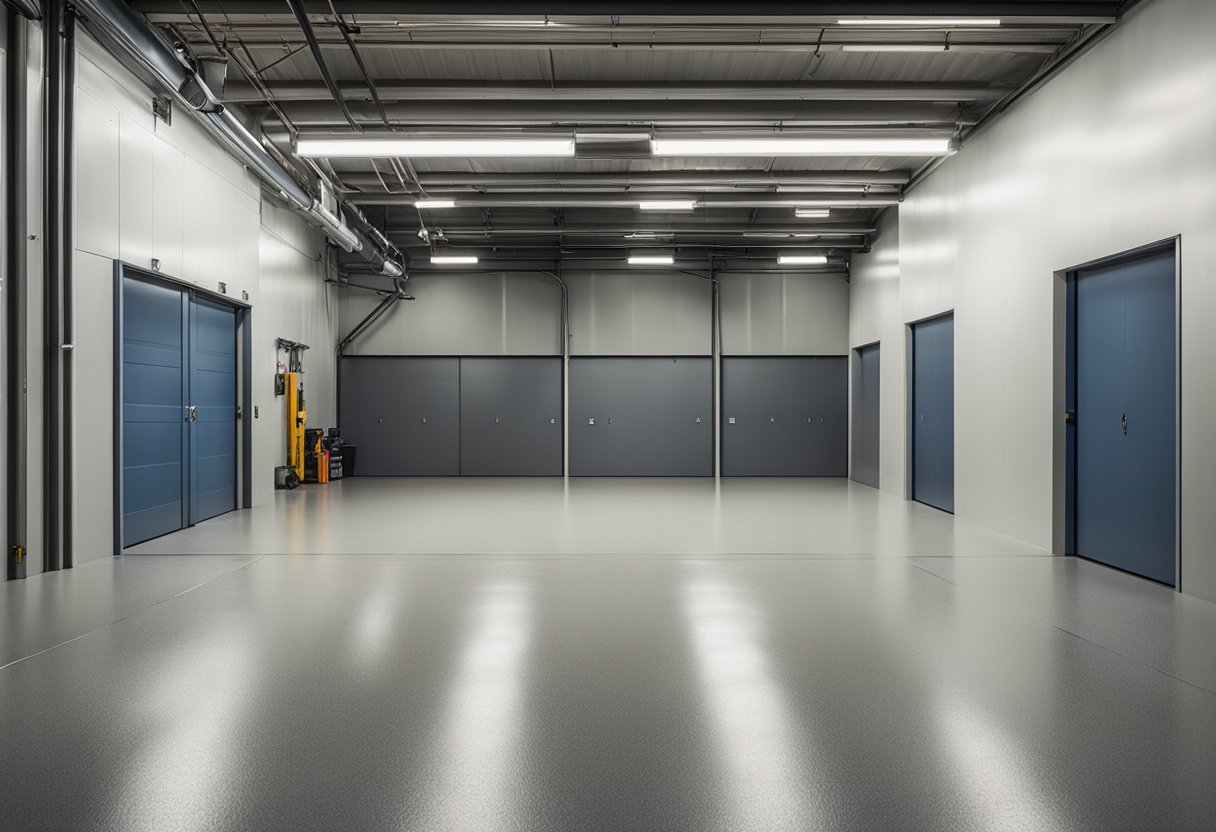 A spacious garage with a freshly coated epoxy floor, showcasing a glossy and seamless surface with a high level of durability and resistance to chemicals and heavy foot traffic
