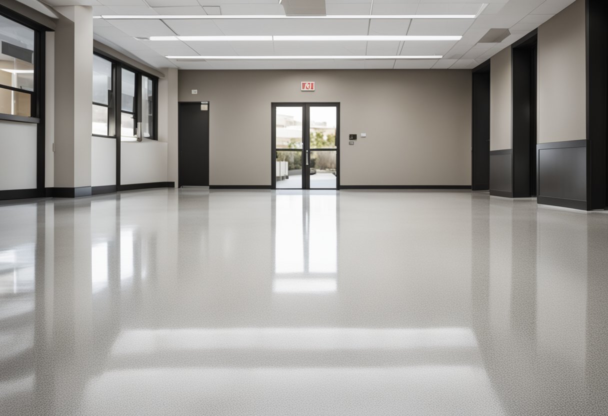 A spacious, modern commercial space with sleek, glossy epoxy flooring in Brookline. Clean lines and a professional atmosphere