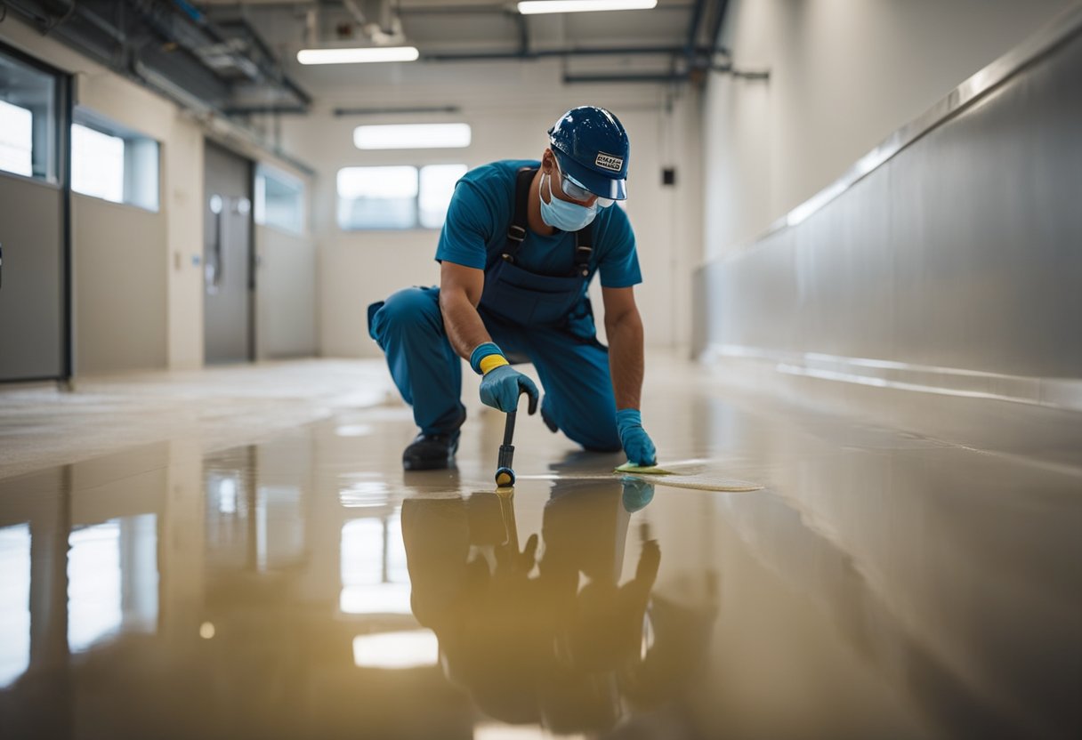 A person applies sealant to a glossy epoxy floor, using a roller to ensure even coverage. A maintenance schedule hangs on the wall, listing care instructions
