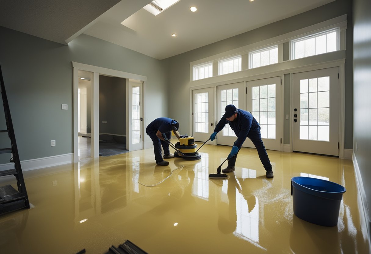 A team of workers applies epoxy flooring in a Brookline home, carefully smoothing and leveling the surface for a flawless finish