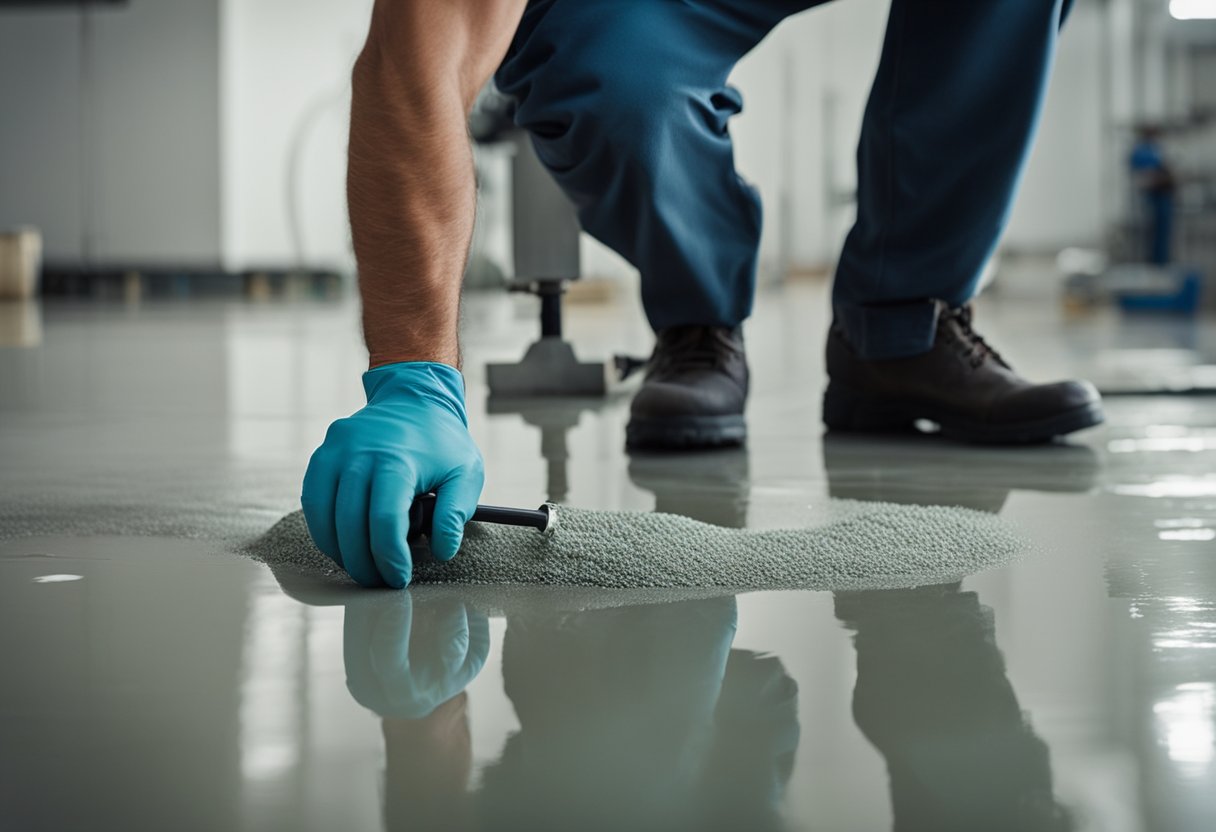 A technician applies epoxy coating to a concrete floor, using a roller to ensure even coverage. Tools and materials are organized nearby