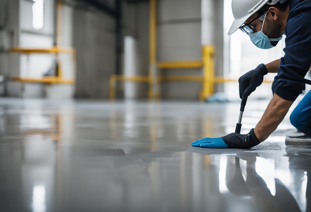 A worker applies epoxy to a smooth concrete floor. Pricing and quotes are displayed on a nearby wall. Tools and materials are neatly organized in the background